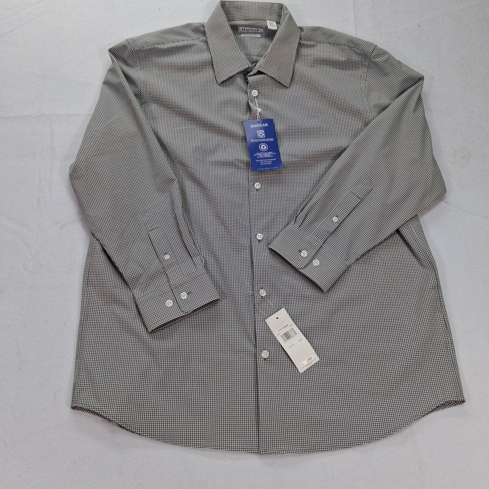 Haggar Dress Shirt Mens 16-16.5 32/33 Classic Fit Grey Micro-Check Stretch NEW